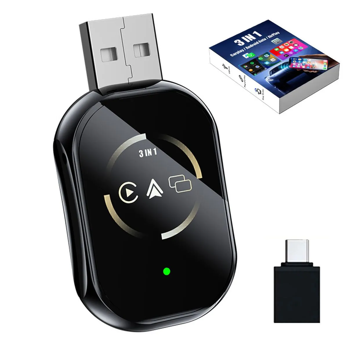 3 in 1 Wireless CarPlay Adapter, Convert Wired to Wireless Compatible - Black(Airplay Android Auto …