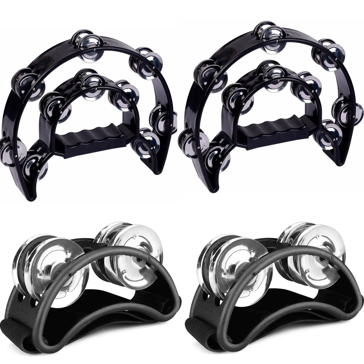 4 Piece Double Row Tambourine Foot Tambourine Set for Music and Rhythm - Black