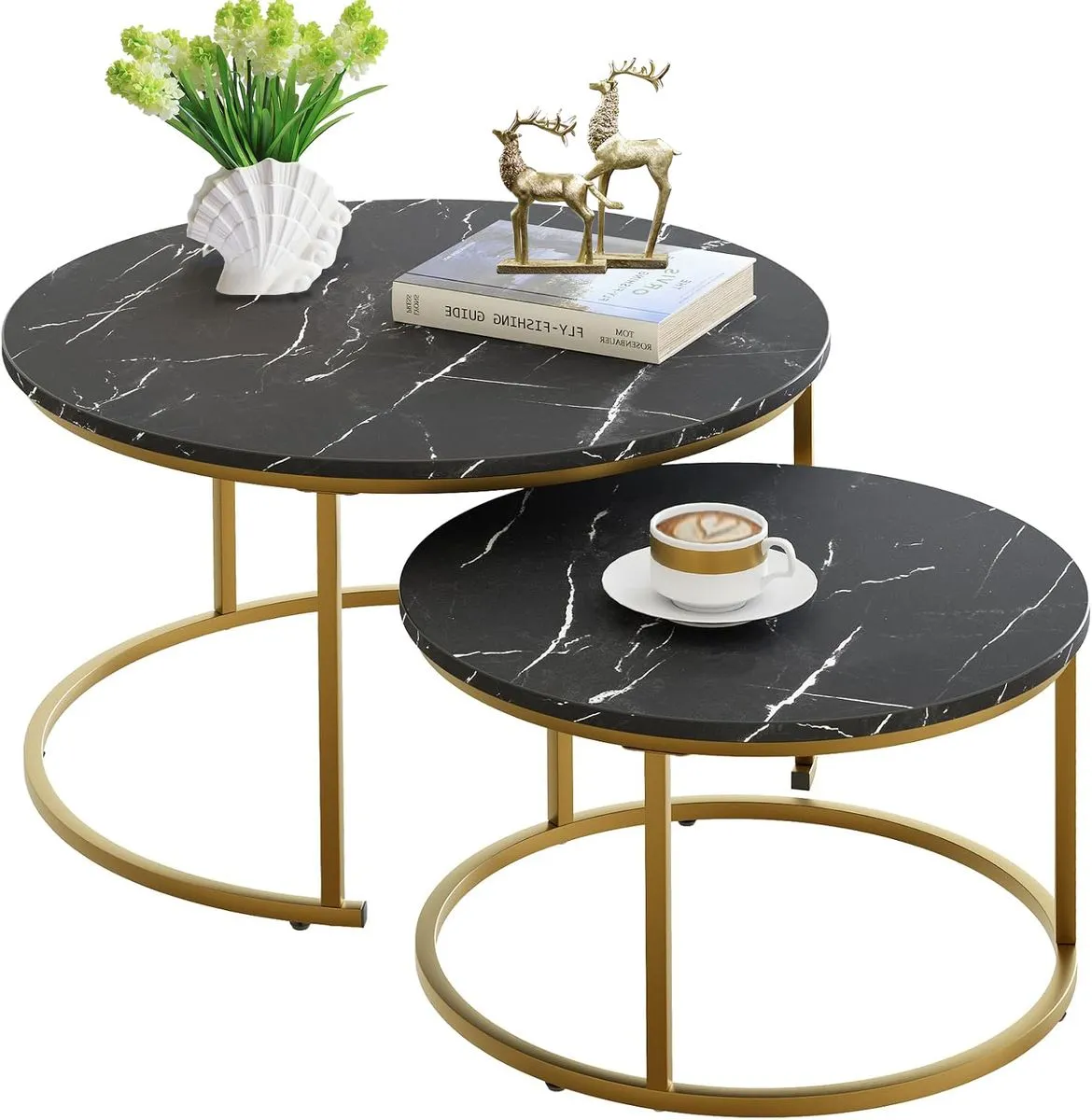 Nesting Coffee Table Side End Tables Office Center Desk Living Room - 2 Piece - Black Gold