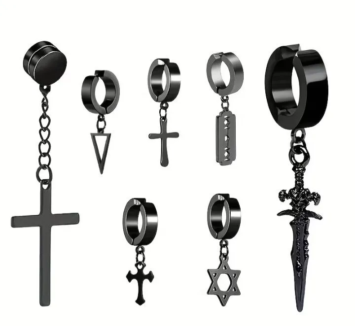 7-Piece Unisex Non-Piercing Black Clip-On & Magnetic Earring Set