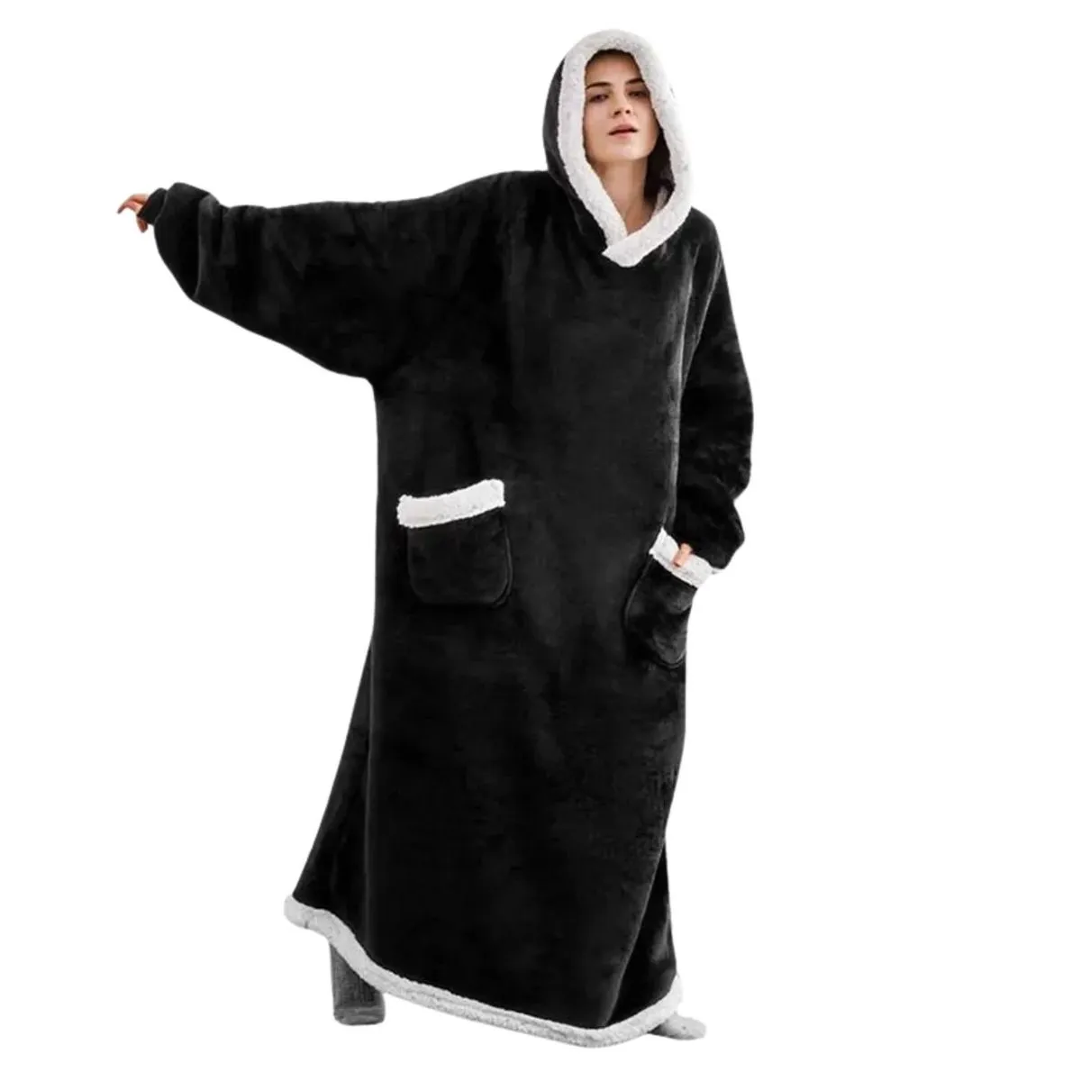 Plain Winter Oversized Blanket Hoodie - Black