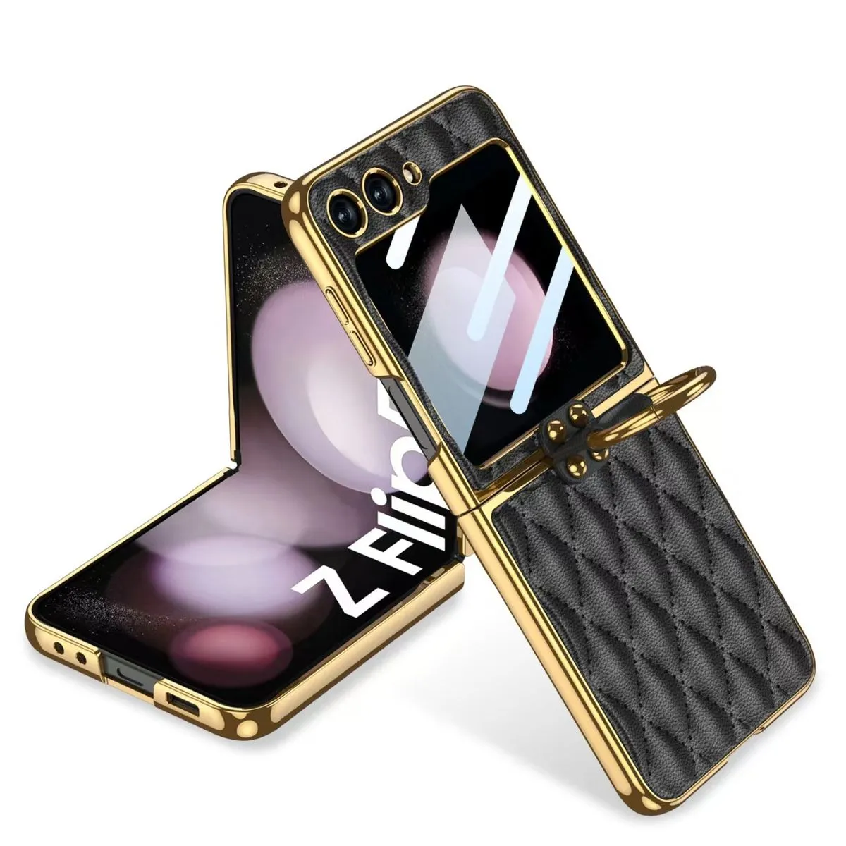 Phone Case Compatible With Samsung Z Flip 5 Leather Ring Protect Case - Black