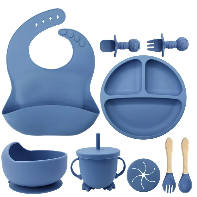 9 Pcs Baby Silicone Plate With Lid Waterproof Cup Wood Spoon Fork Bowl Set - Deep Blue