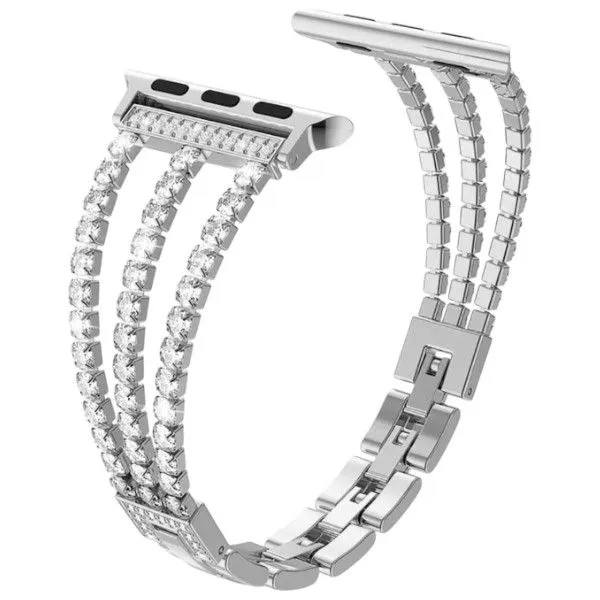 Wristband Bracelet Apple Compatible Watch Strap With Inlaid Rhinestones - Silver