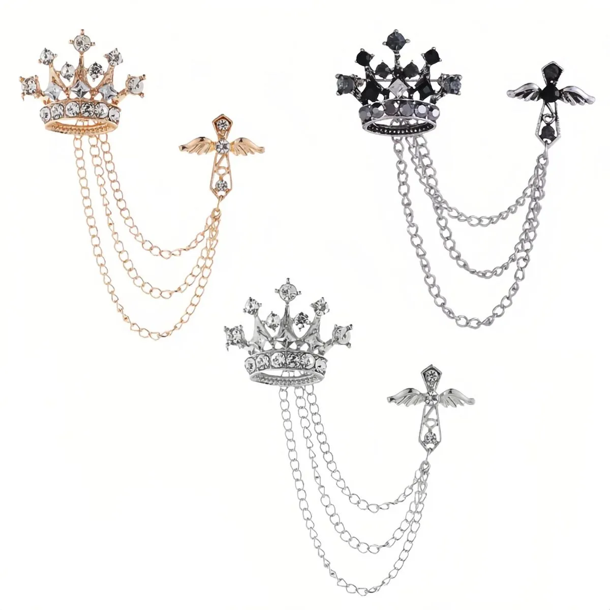 Cross Crown Long Chain Brooch,Rhinestone Tassel Brooch Pin,Suit Collar Pins