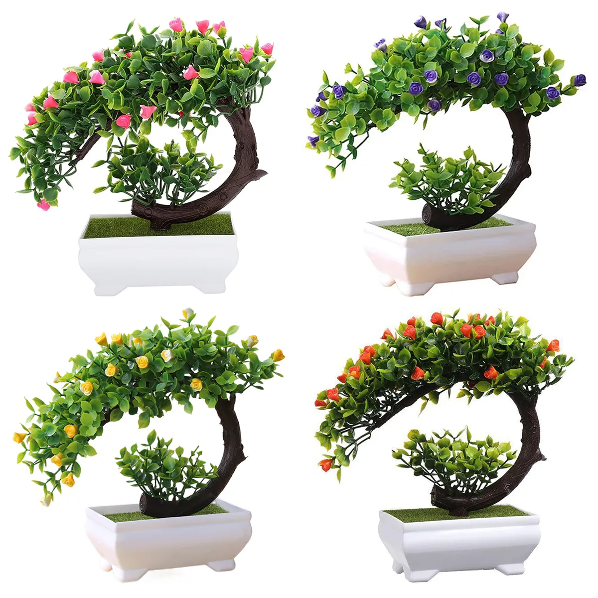 4 Pieces Artificial Potted Flowers, Plastic Faux Flowers with Pot for Decoration