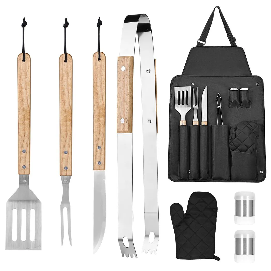 8 Piece Braai Utensils Set with Apron Wooden BBQ Grill Accessories Tools