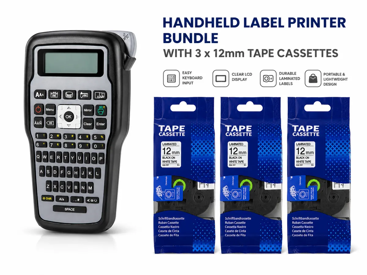 Portable Handheld Label Printer Bundle and 3x12mm Laminated Tape Cassettes