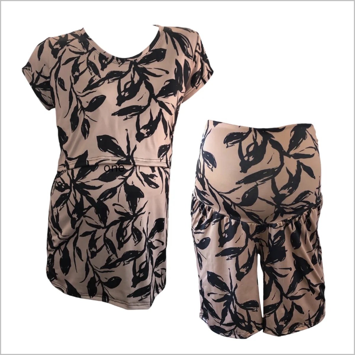 Maternity & Nursing T-Shirt with Maternity Shorts - Stone/Black Leaves