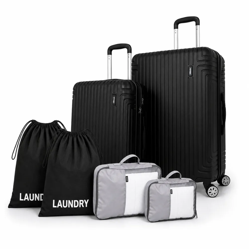 Madrid 6-Piece Hardshell Luggage Set 55/75cm, Packing Cubes & Laundry Bags - Black