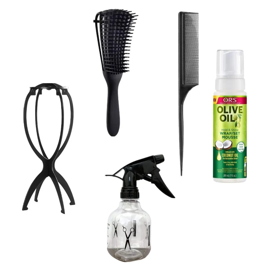 Detangling Brush,Rat tail Comb,Wig Stand,Spray Bottle and olive oil Mousse