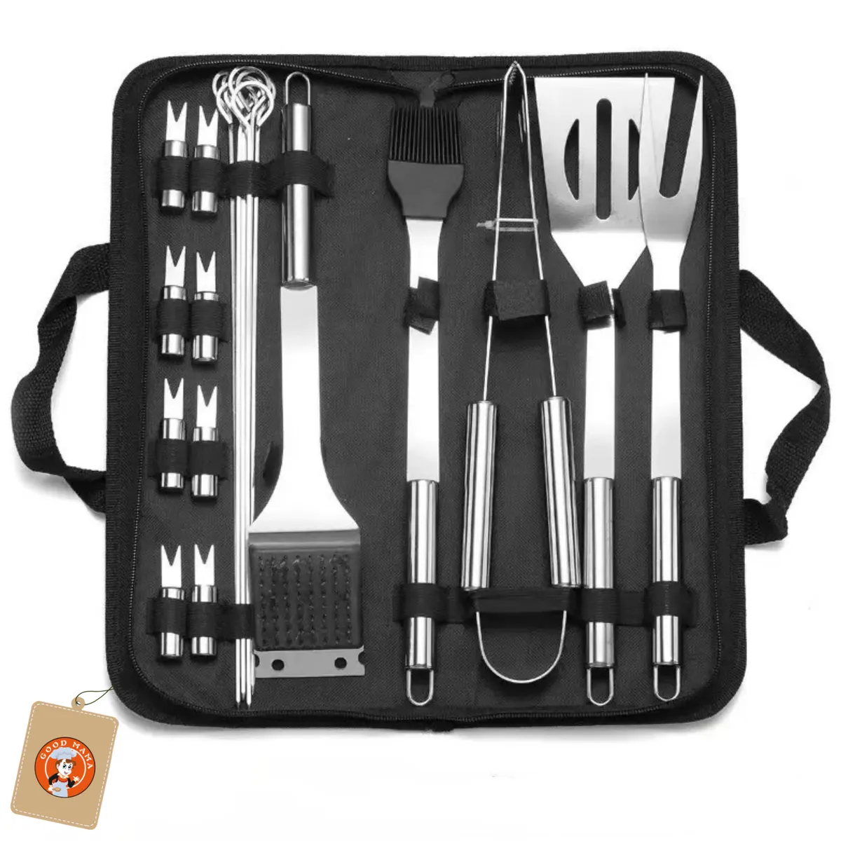 GoodMama Stainless Steel Braai & Grill Tool Set 9/20Pcs BBQ Accessories - Black-20PCS