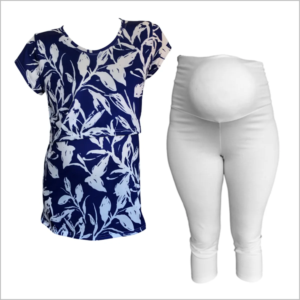 Maternity & Nursing T-Shirt with Capri leggings - Blue/White Leaves & White