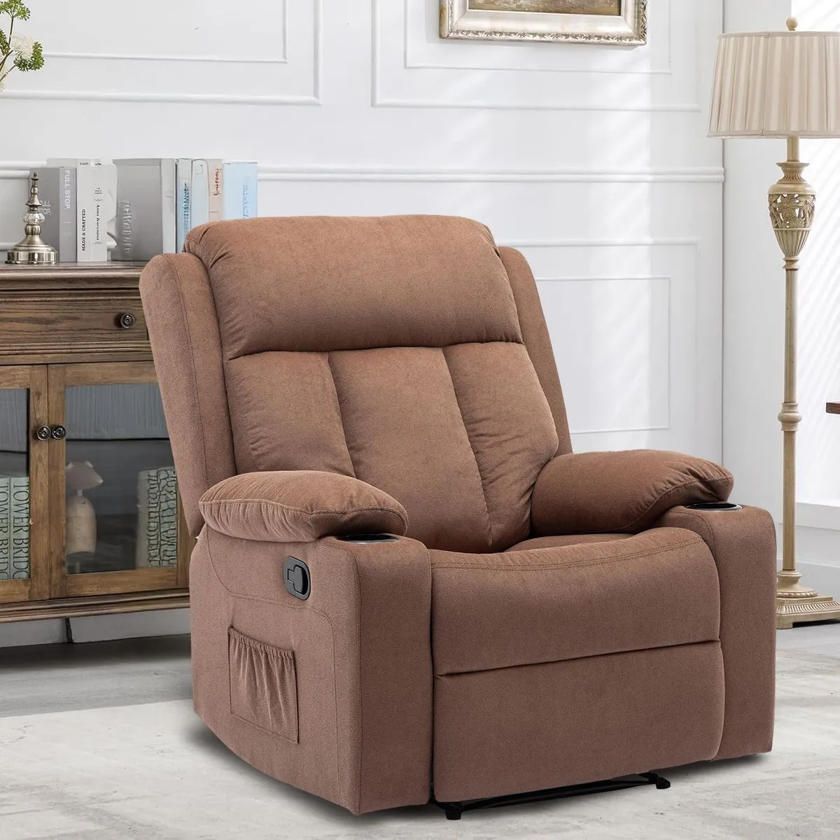Recliner Chair Manual Armchair Single Sofa Fabric Sleeper Couch Lounge Seat - Brown