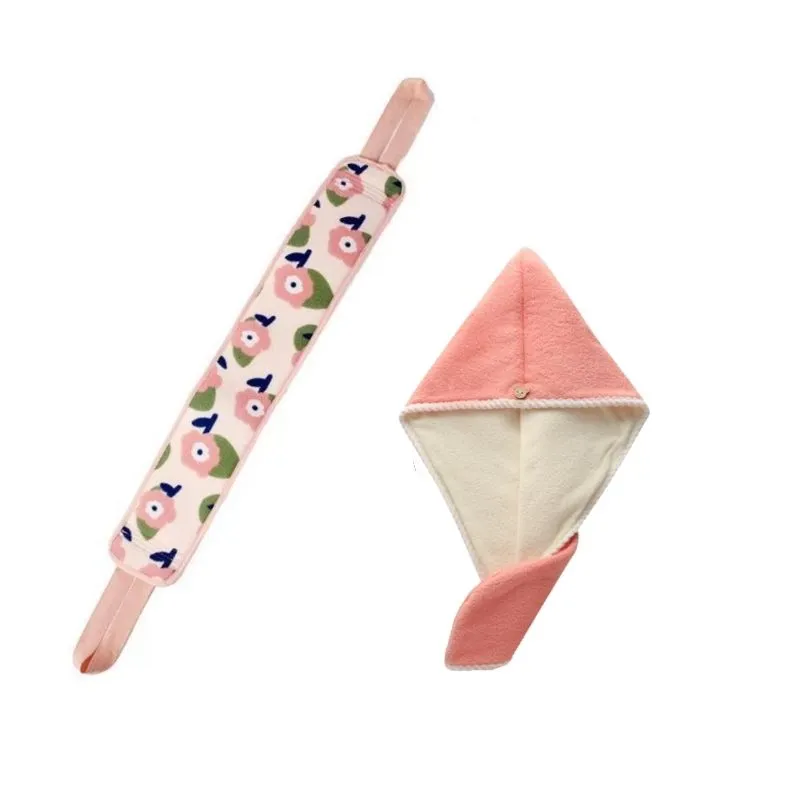 2 Pack Exfoliating Back Scrubber Band and Coral Fleece Dry Hair Hat Towel