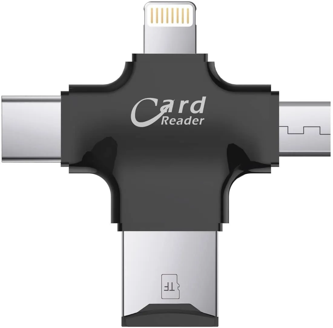 4-in-1 TF Card Reader for iPhone iPad Android & Type-C Devices - Black - Black