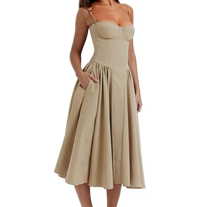 Women's Corset Midi Dress - Spaghetti Strap Slip Dress