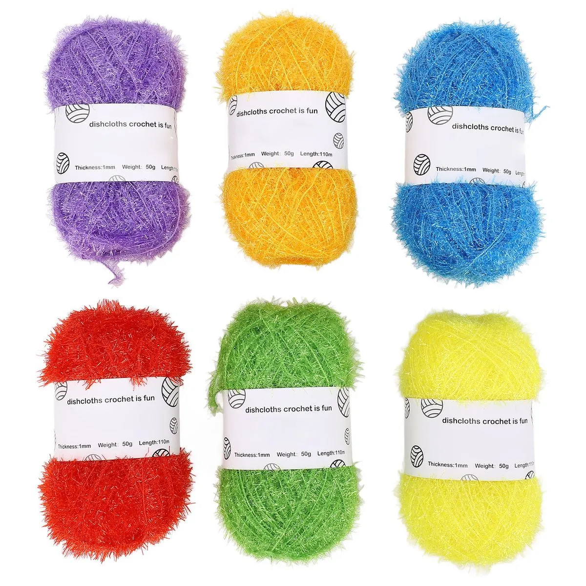 Yarn Kit, Multi Color Shiny Glitter Soft Cotton, 6 Pcs with Crochet Hook