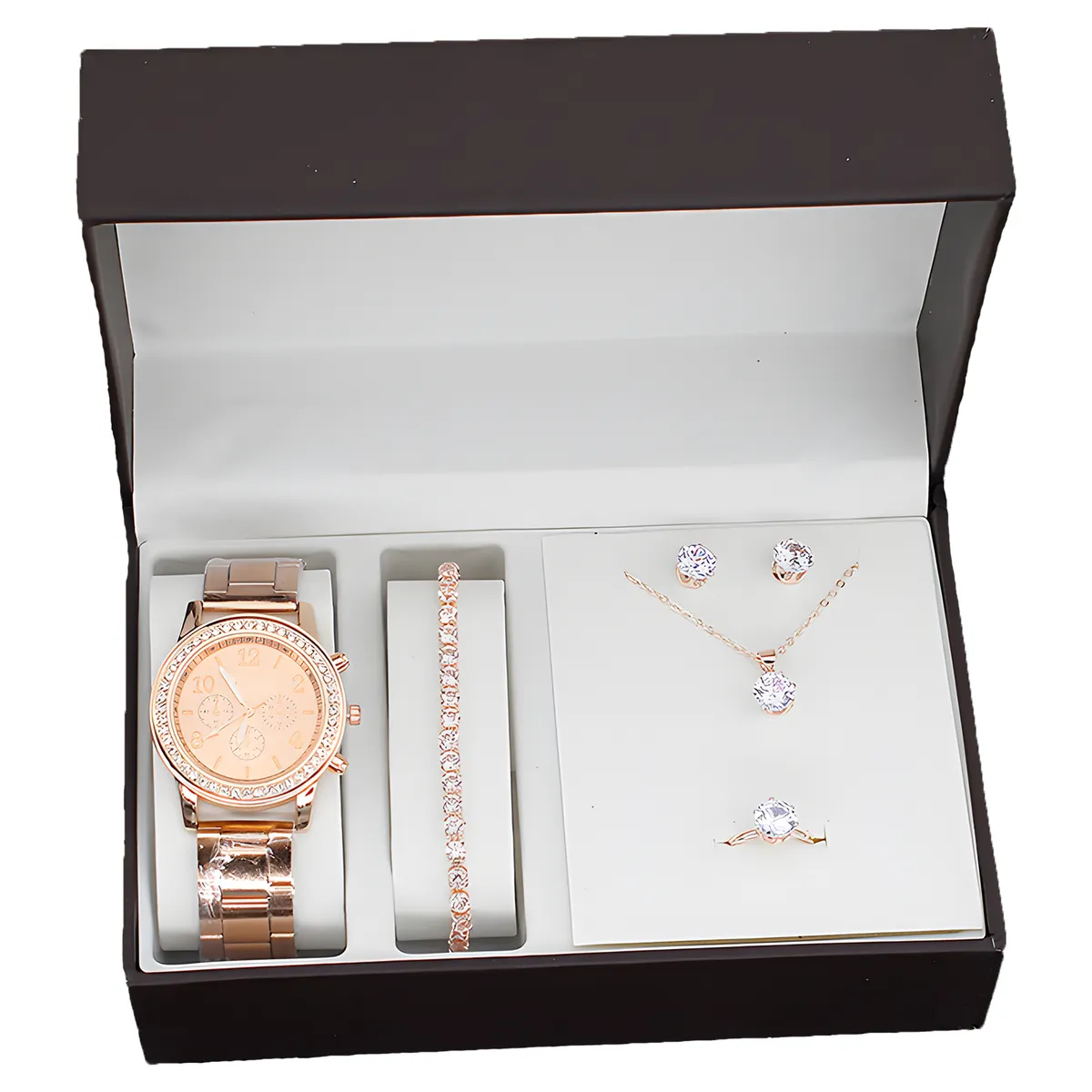 5 PCS Crystal Watch Lady Silver Accessories Necklace Bracelet Woman Gift - Rose Gold