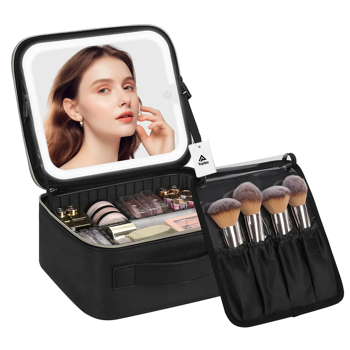 Topika Travel Makeup Bag with LED Mirror, 7 Compartments, Brush Bag