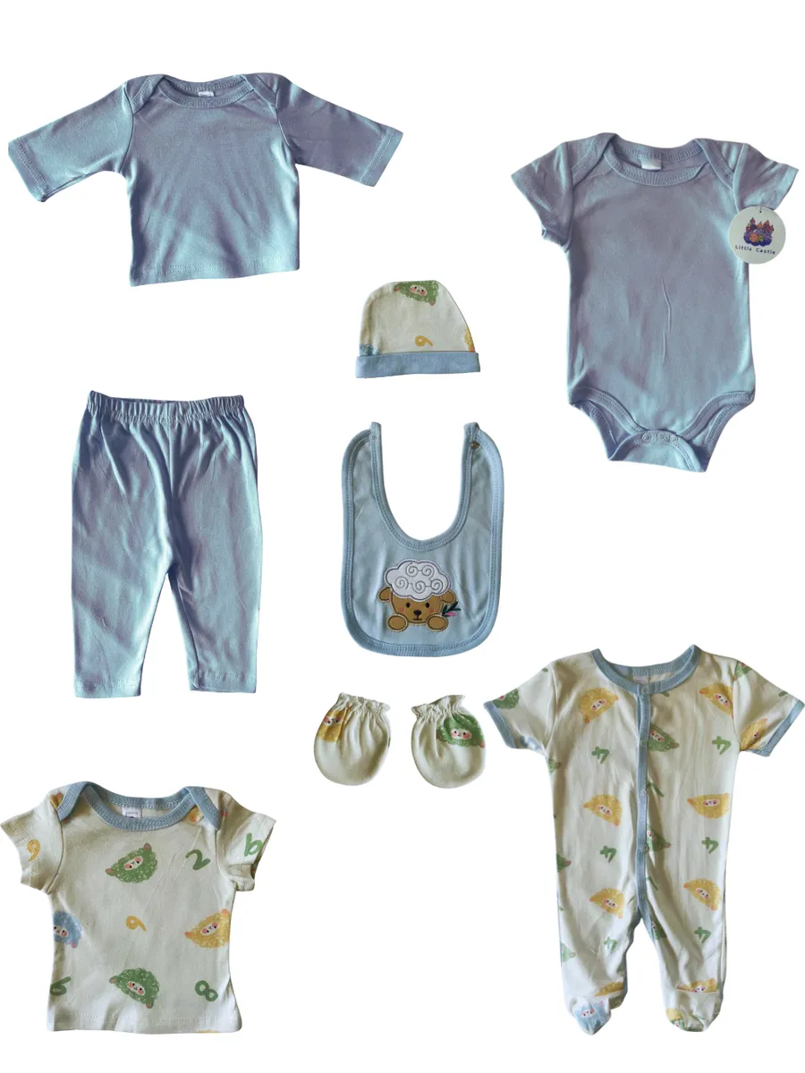 Newborn Essentials Baby Clothes Starter Set - 8 Piece - Blue- Sheep