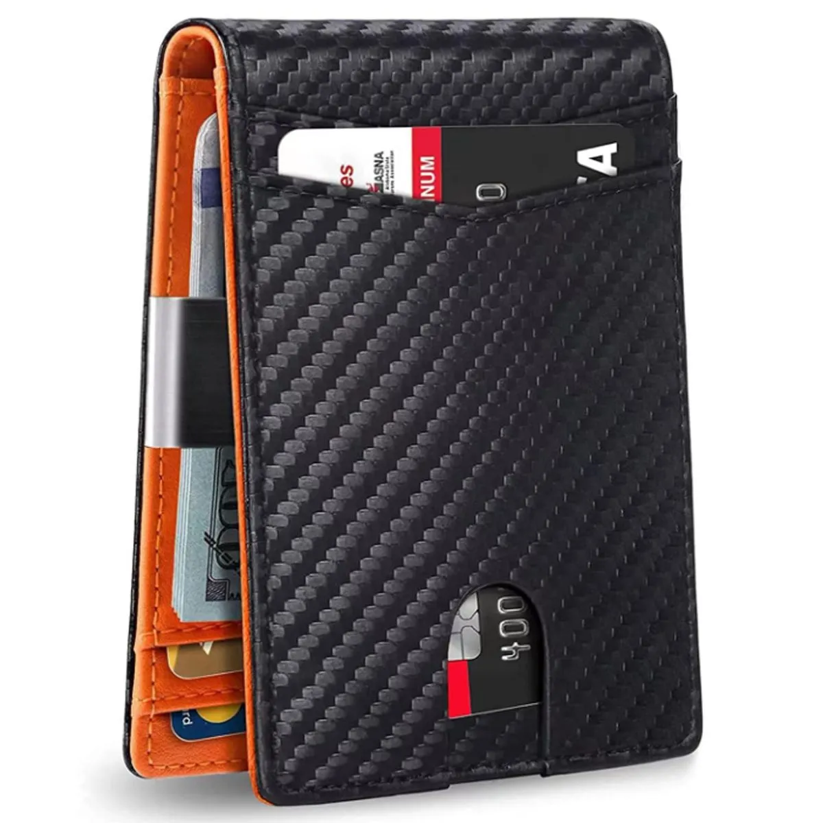Mens Minimalist Wallet RFID Blocking /Money Clip/Credit Card Holder - Black, Orange