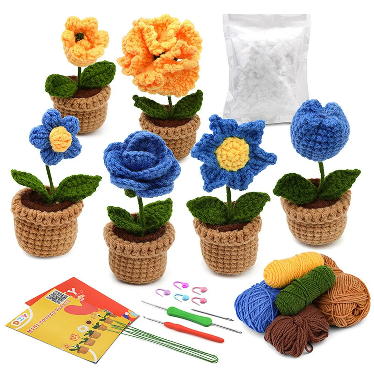 Complete Crochet Kit for Beginners - 6 Pcs Potted Plants - Blue