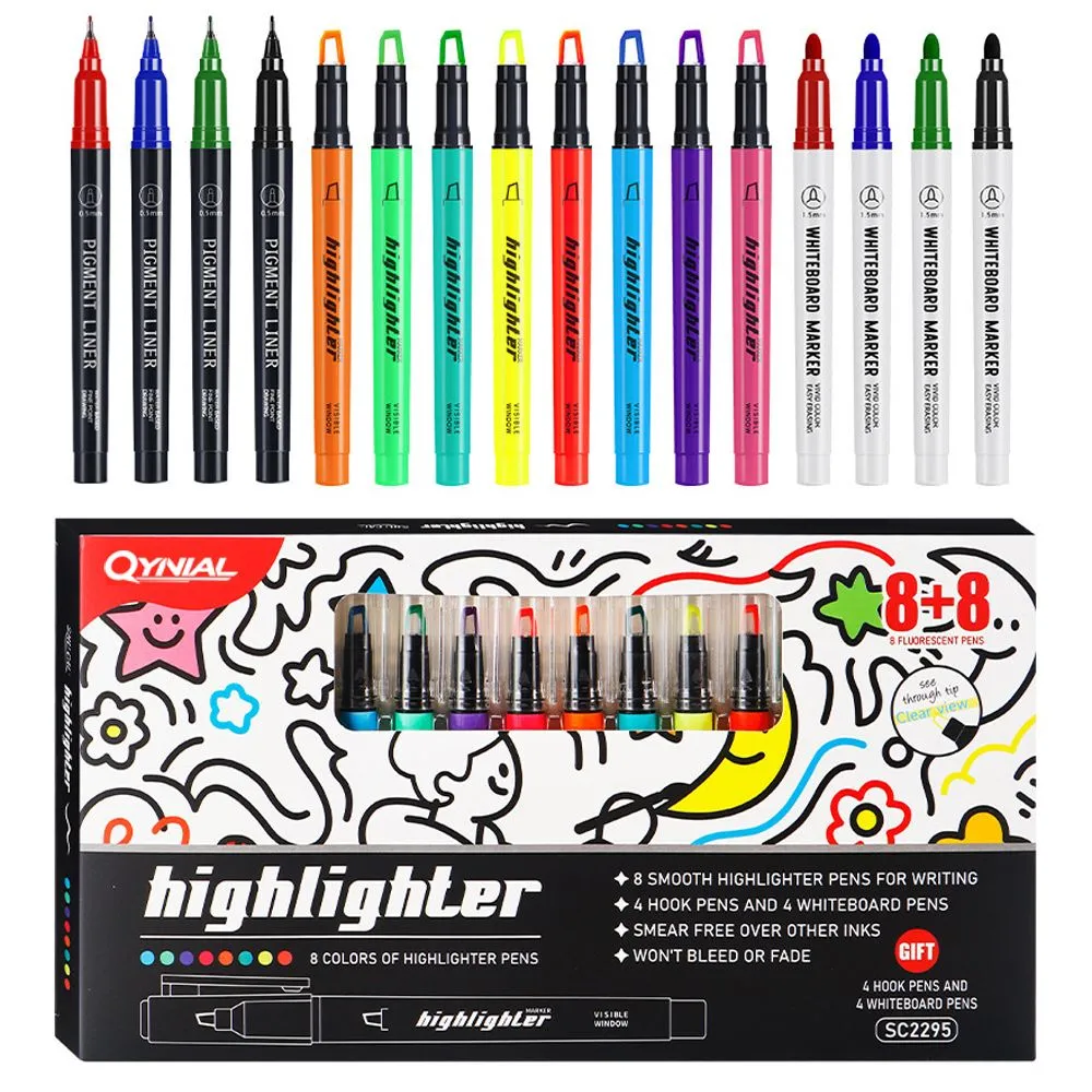 QYNIAL Highlighter Pen Set 16 Pack Assorted Fluorescent Markers Tip Styles