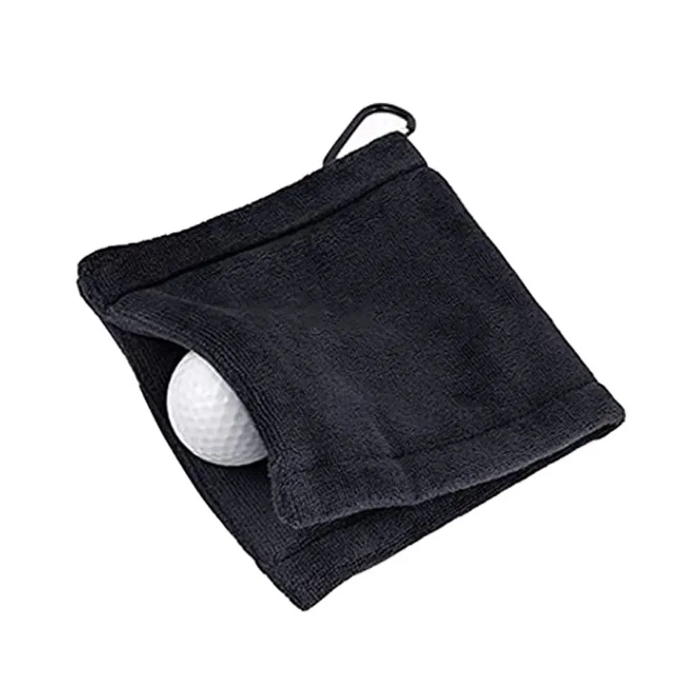 Microfiber Fleece Lining Golf Ball Cleaning Towel with Carabiner - Black