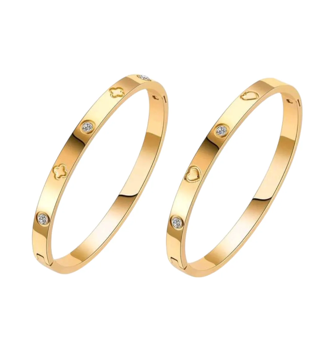 18k Gold Plated Cz Stainless-Steel Luxury Bracelet- 2 Pack - Gold