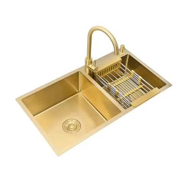 R&H Brushed Gold Double Kitchen Sink With Tap
