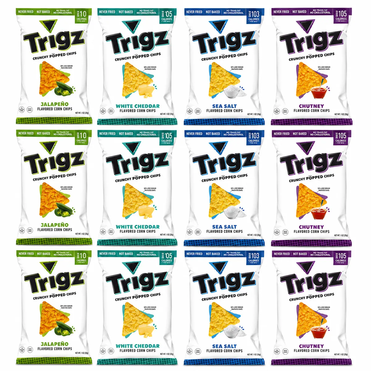 12 Pack| Trigz Corn Chips |Jalapeno, White Cheddar, Sea Salt, Chutney | 28g
