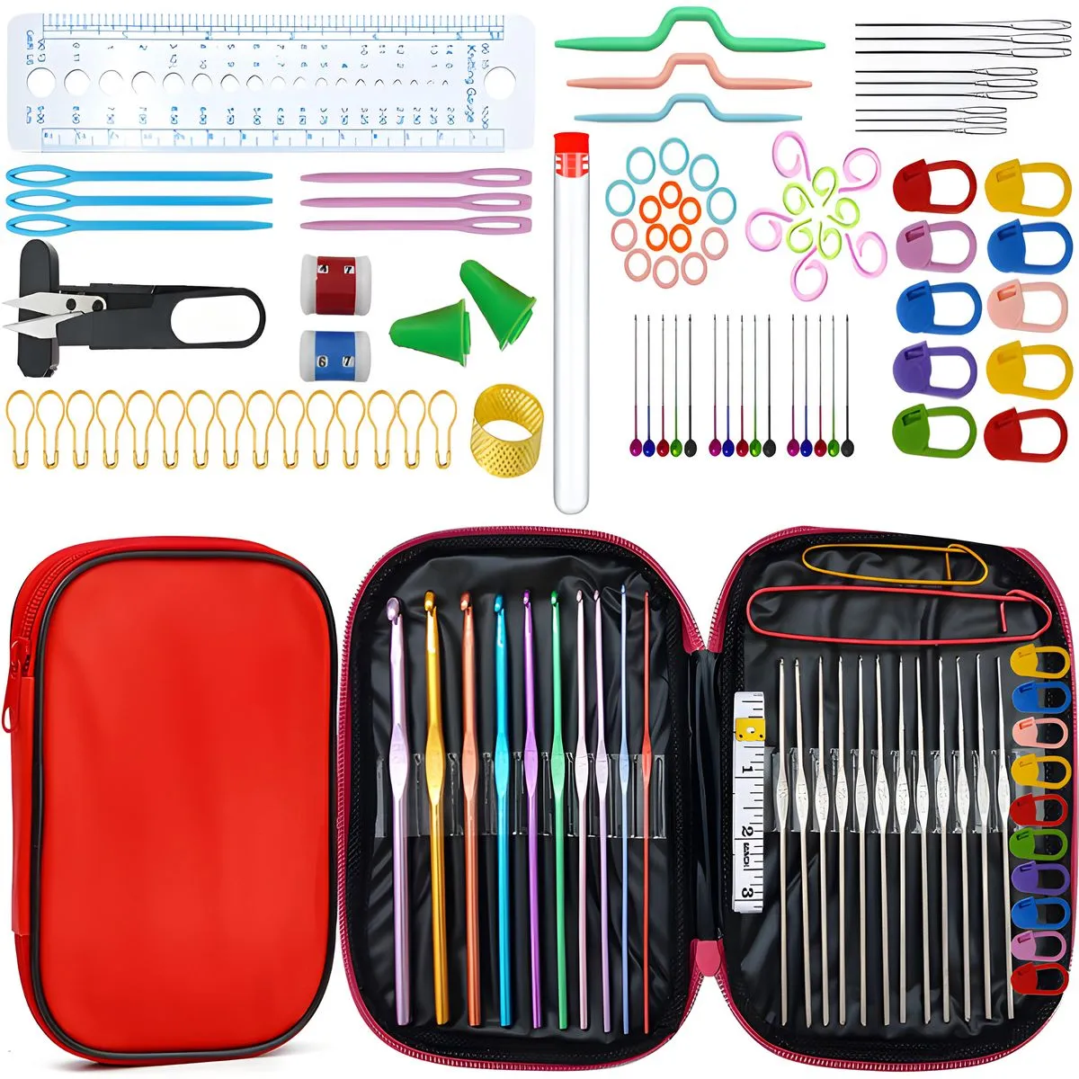 127Pcs Crochet Hook Set Knitting DIY Sewing Tool Kit with Red Storage Case