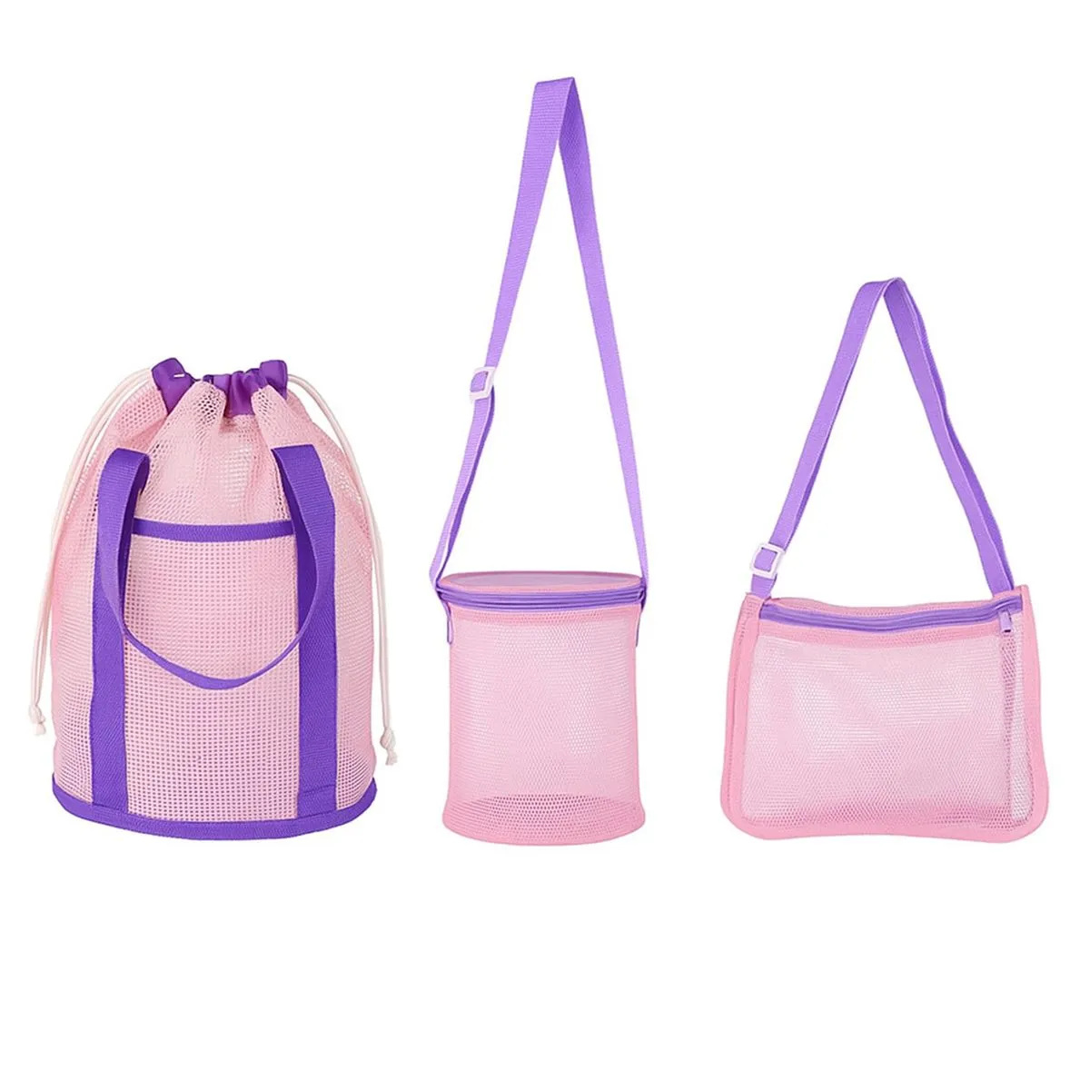 3 Piece Beach Bag Set Mesh Toy Organizer Shell Collecting Totes with Zipper - Pink, Purple