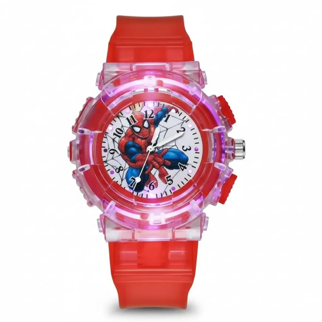 Superhero Kids Analog Watch for Boys Girls, FLASHING LED LIGHT - Red