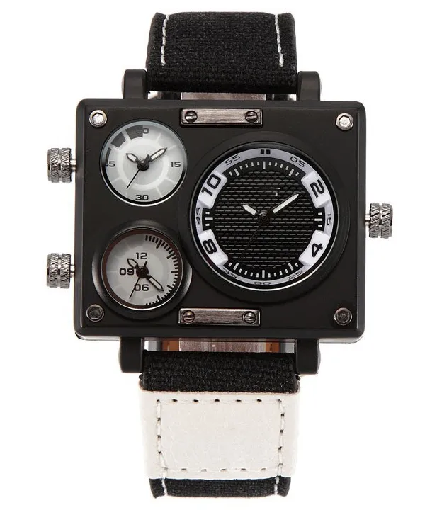 Quartz Square Watches Men Wrist Watch with Multi-Time Zone Stopwatch Sport - Black