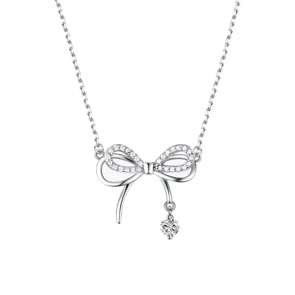 Butterfly Bow Silver Necklace, Pendant Jewelry Gift for Women & Girls
