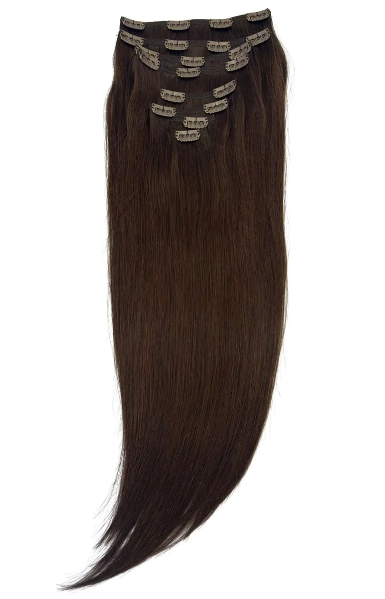 100% Human 20 Inch Clip In Hair Extensions Set In 120g - Colour 2 Dark Brown