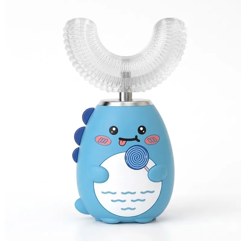 Cute Dinosaur Kids U-Shaped Electric Toothbrush with Mousse - Blue