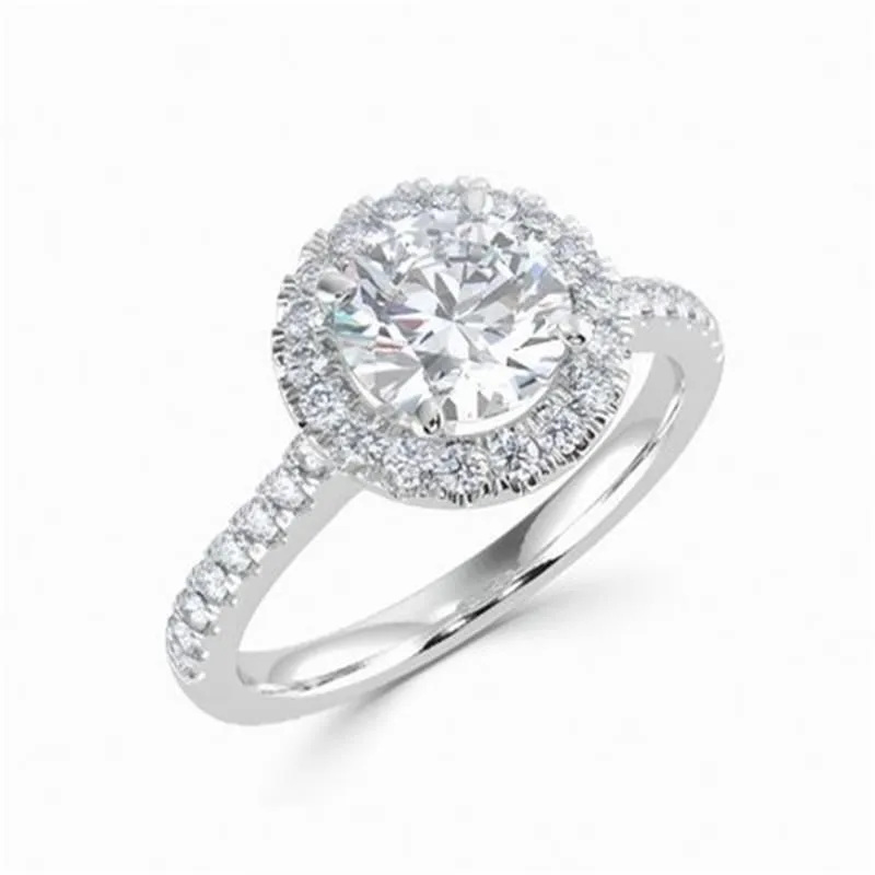White Gold Halo Engagement Ring with Side Stones
