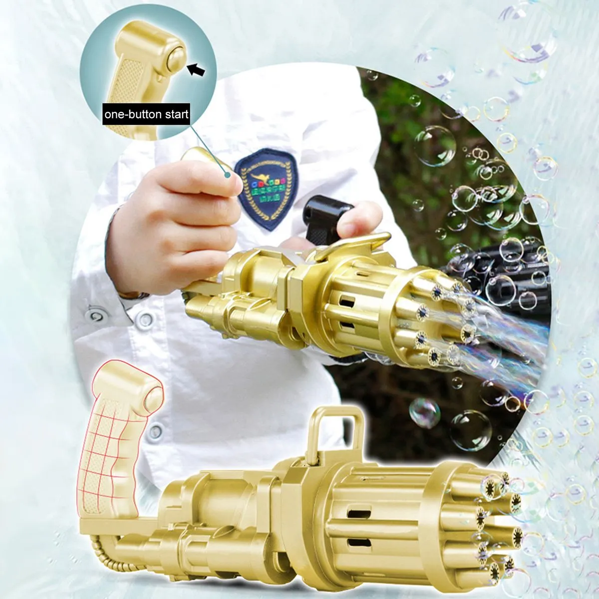 Gatling Bubble Gun Toy for Kids Outdoor Play Gold Color Battery Operated