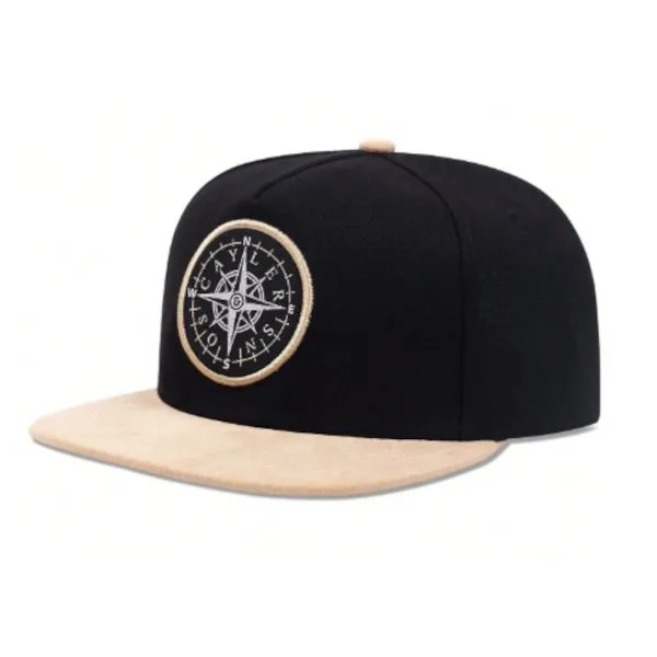 Compass Embroidered Mens Flat Cap - Black