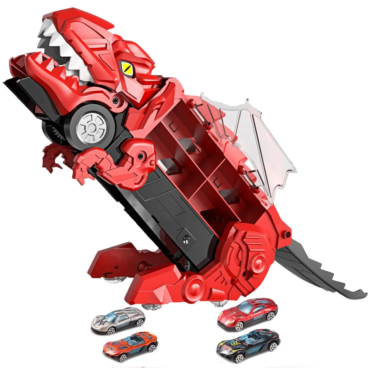 Dinosaur Toy Car-Foldable Toy Car with 4 Small Toy Cars, Boys Gift - Red