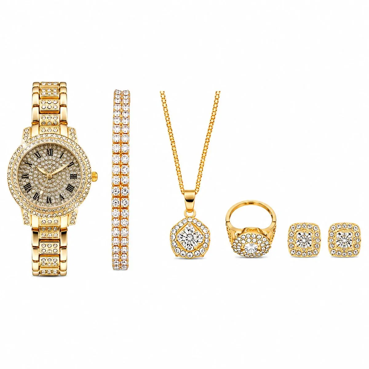 Luxury Women Watch And Bracelet Set For Wife Ladies Gift - 6 Piece - Gold