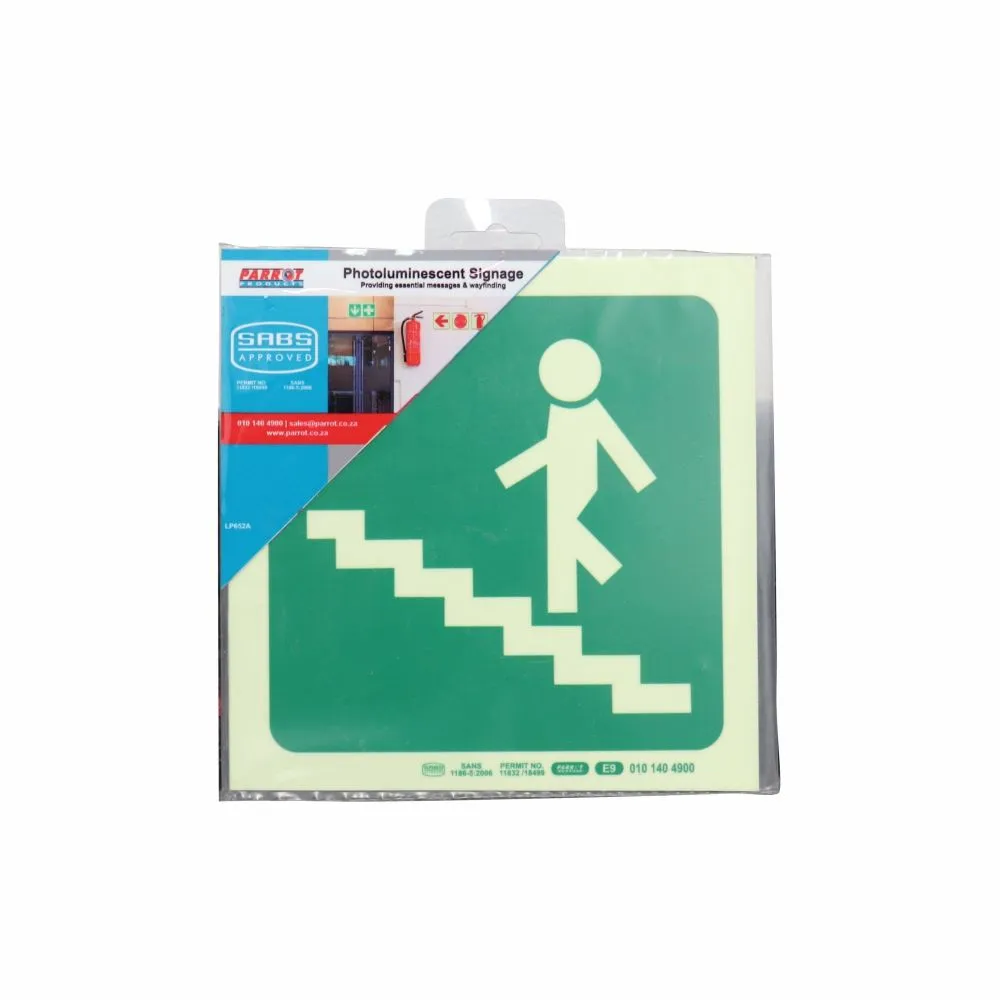 Parrot Photoluminescent Safety Sign - E9 Running Man on Stairs Right 19cm