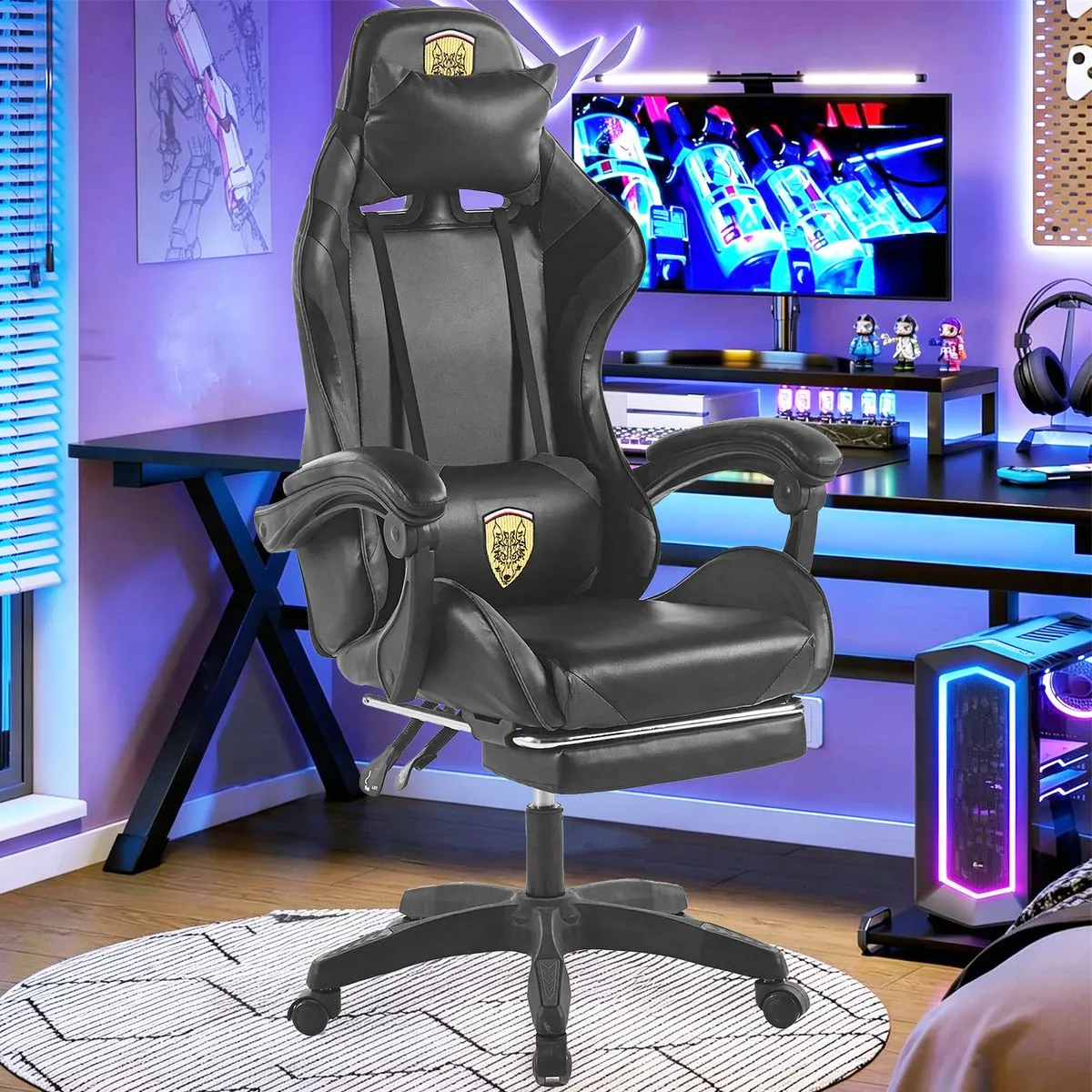 Ergonomic Gaming Chair Adjustable Computer Chair Recliner with Footrest - Black