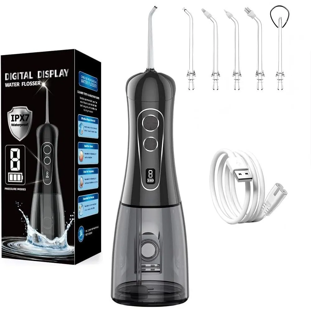 Cordless Oral Irrigator, 5 Jet Tips IPX7 Waterproof, Large Capacity 400ML - Black