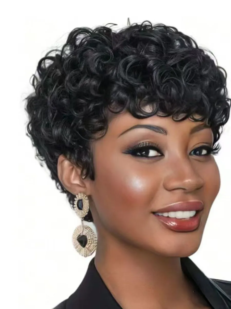 Cut Curly Short Wigs For Women, Synthetic Full Wigs With Bangs