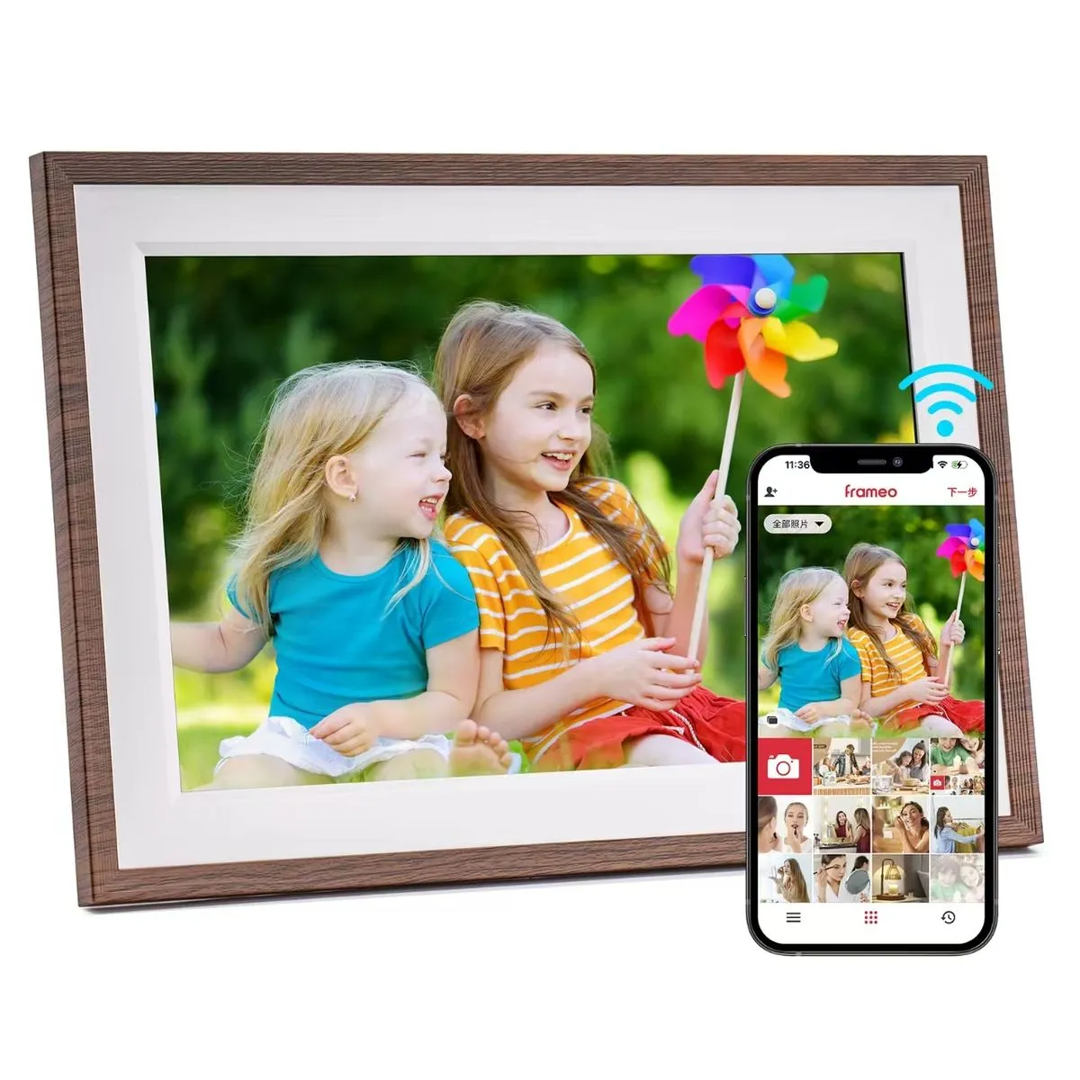 BezosMax 15.6-Inch Digital Photo Frame 32GB 2K resolution TouchScreen - Wood Grain Type
