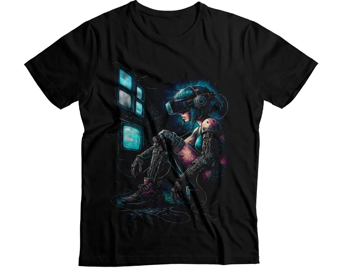Sci Fi Girl Sitting Neon Monitored Graphic T-Shirt